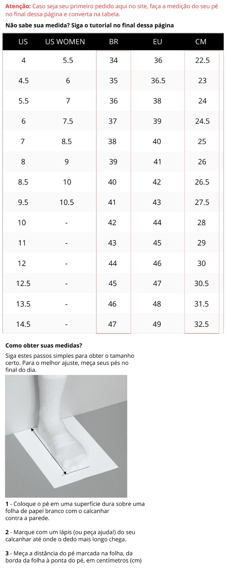Tabela de conversão de tamanhos US, BR, EU e CM e como medir o pé